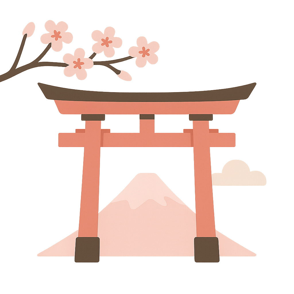 Mount Fuji with blossoms and torii gate illustration